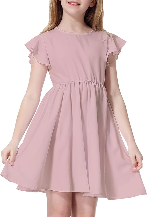 Photo 1 of 6-7 Girls Dresses Summer Flutter Sleeve Pleated A-Line Twirly Casual Dress with Pockets for Kid