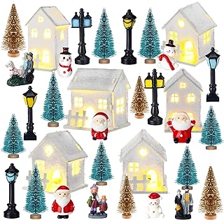 Photo 1 of 46 Pcs Wood Christmas Village Cutout Houses Decor Set with Mini Xmas Trees White Wood Silhouettes Houses Fences Mini Lamp Post Cute Elk Lighted String Xmas Wreaths Snow Carpet Christmas Garden Decor