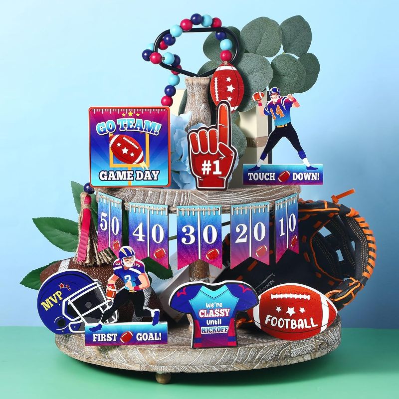 Photo 1 of 13 Pieces Football Tiered Tray Decorations Wooden Sport Tiered Tray Decorative Items Touchdown Trays Signs Set for Football Theme Sports Fans Club Table Tabletop Centerpieces Home Supplies
