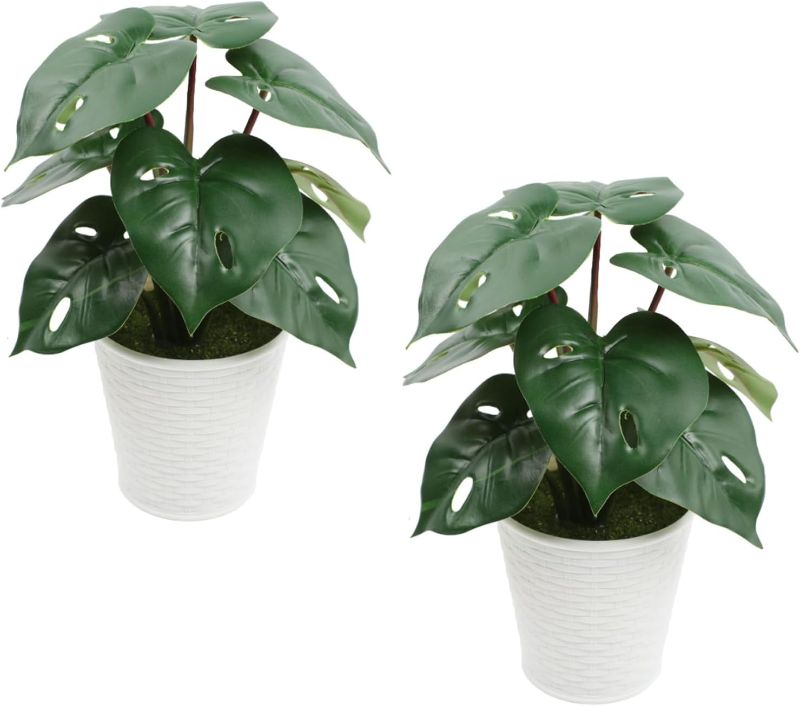 Photo 1 of 2 Pcs 9.8''Artificial Potted Plant,Small Fake Monstera Plant Plastic Faux Desk Table Plant for Home Decor Indoor for Party Wedding Table Shelf Home Office Indoor Outdoor Decor