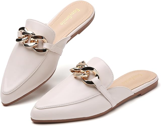 Photo 1 of Metal Chain Decor Flat Mules for Women Closed Pointed Toe Slip on Loafers Slides Backless Mules Shoes Size 5