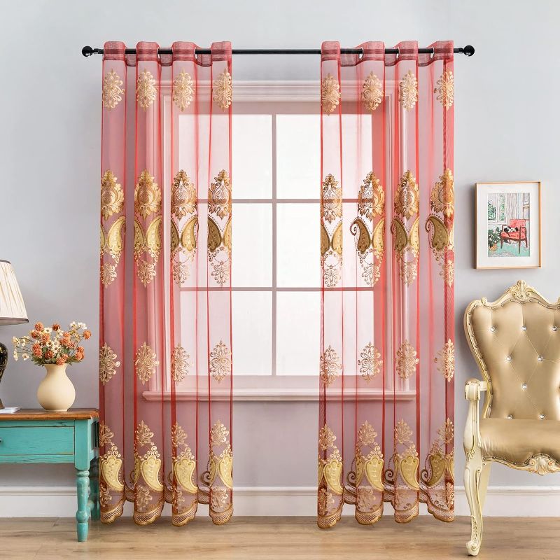 Photo 1 of  Luxury Embroidered Sheer Curtains for Living Room Burgundy Red Tulle Curtains for Bedroom Transparent Yarn Curtain,Grommet Top,52" W x 96" L,2 Panels