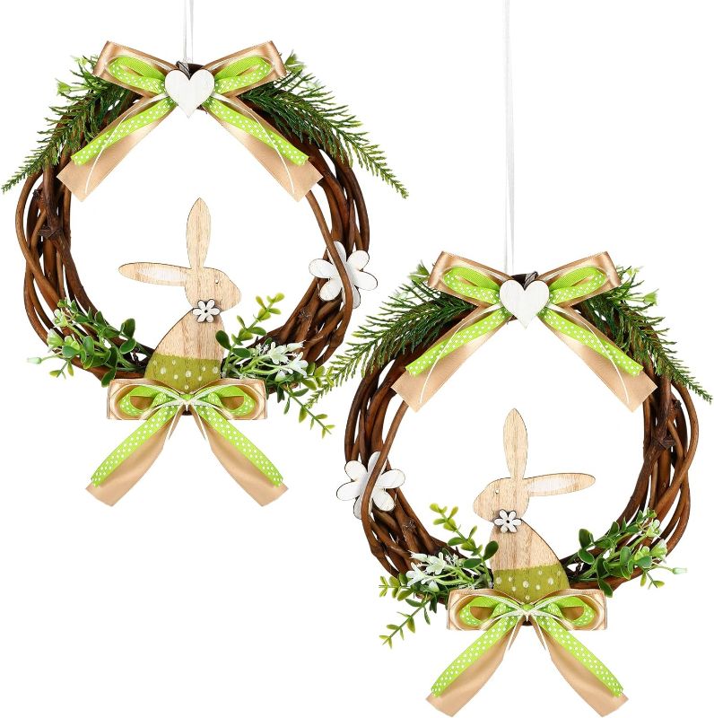 Photo 1 of 2 Pcs Easter Bunny Wreaths for Front Door Farmhouse Easter Rabbit Door Wreath with Bowknot Easter Window Wreath Easter Door Hanger with Artificial Leaves for Indoor Outdoor Porch Window Decor