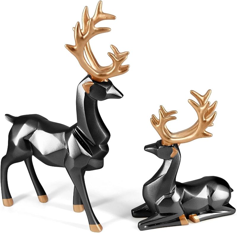 Photo 1 of 2PCS Carved elk Statue Resin Ornaments, Christmas Reindeer Fortune Seeking Decoration Modern Retro Art Standing and Sitting Posture, Applicable to Living Room and Bedroom (3D Geometric Black)
