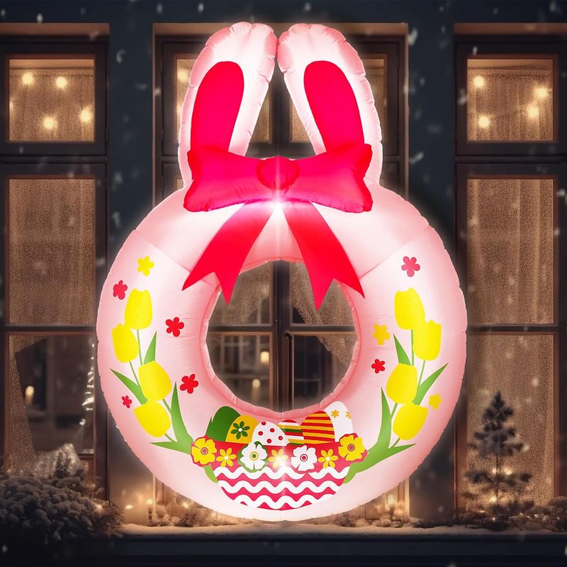 Photo 1 of 4.9 Feet Easter Inflatables Hanging Wreath Easter Inflatables Outdoor Decoration Large Easter Bunny Egg Wreath Easter Spring Blow up Wreath Decor for Window Front Door Outdoor Indoor(Bunny)
