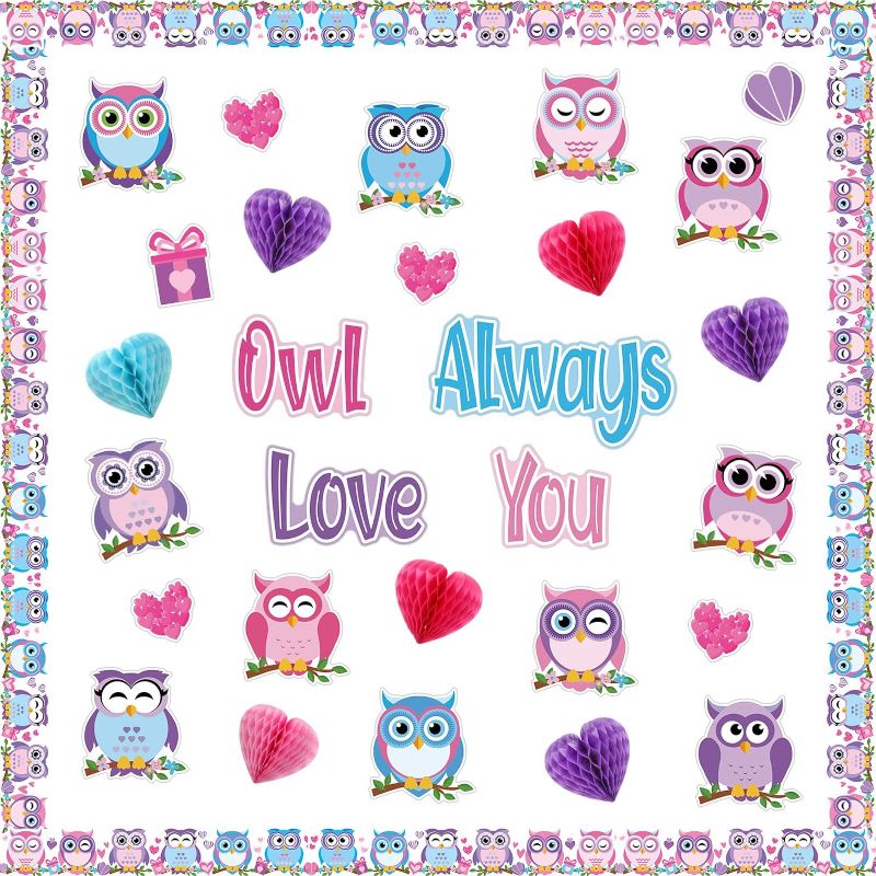 Photo 1 of TaoBary 85 Pcs Valentine's Day Bulletin Board Set 3D Heart Honeycomb Owl Love Truck Bulletin Board Cutouts Valentine's Day Classroom Decorations for School Home Party Supplies(Owl)
