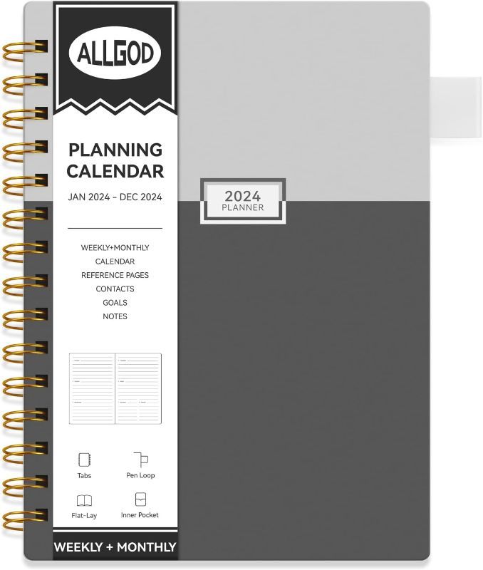Photo 1 of 2024 Planner Daily Weekly and Monthly Spiral Bound, Jan.2024 - Dec.2024, Yearly Agenda 2024 Calendar 12 Month Planner Book with Monthly Tabs, Pockets, Pen Loop, 8.5"×6" (Grey)
