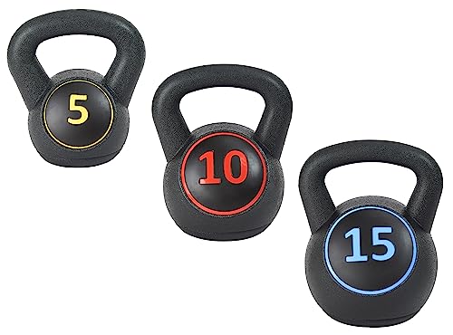 Photo 1 of ?Signature Fitness ?Wide Grip 3-Piece Kettlebell Exercise Fitness Weight Set, Include 5 Lbs, 10 Lbs? and ?15 Lbs?, Set of 3 Kettlebells
