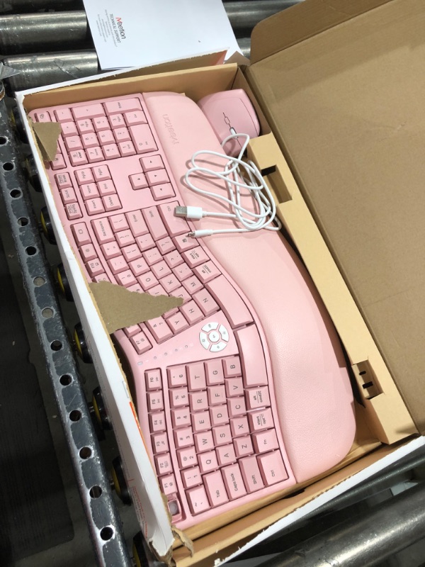 Photo 2 of MEETION Ergonomic Wireless Keyboard and Mouse, Ergo Keyboard with Vertical Mouse, Split Keyboard with Cushioned Wrist Palm Rest Natural Typing Rechargeable Full Size, Windows/Mac/Computer/Laptop, Pink Large Pink