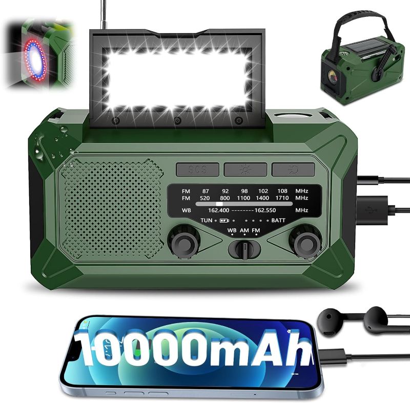 Photo 1 of 10000mAh Emergency Hand Crank Radio with LED Flashlight, AM/FM NOAA Portable Weather Alert Radio, Solar Powered Radio with Phone Charger, USB Charged, Headphone Jack, SOS Alarm, Compass for Outdoors
