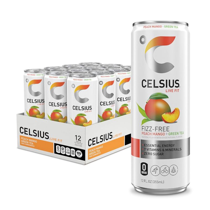 Photo 1 of  (Pack of 12) CELSIUS Peach Mango Green Tea, Functional Essential Energy Drink 12 Fl Oz // BEST BY 05/2025
