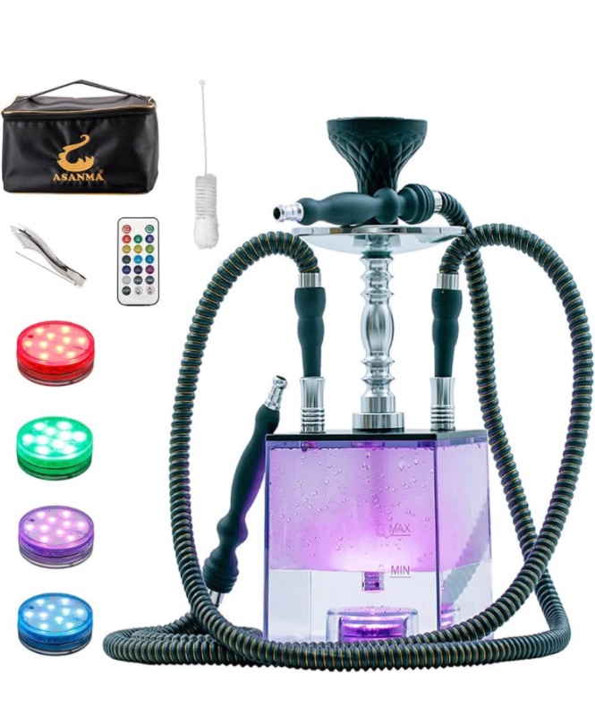 Photo 1 of 2 Hose Hookah Set with Travel Case Cleaning Brush, ASANMA Micro Cube Acrylic Hookah with Silicone Bowl Coal Tongs