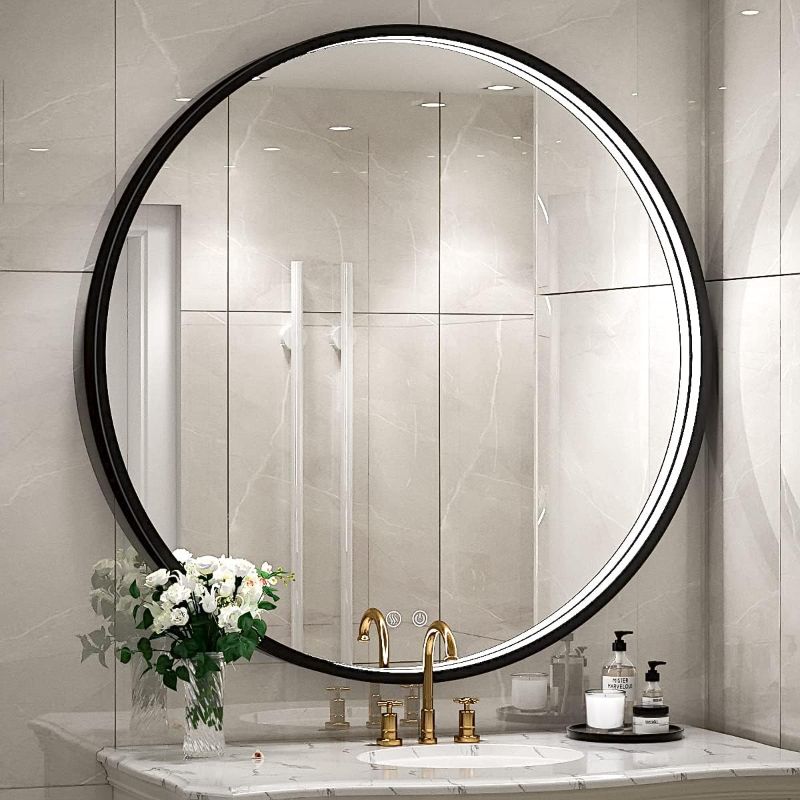 Photo 1 of FTOTI 24 Inch LED Round Mirror, Bathroom Vanity Mirror Black Metal Frame LED Lighted Mirror, Wall Mounted Circle with Lights, Anti-Fog & Dimmable Touch Switch, Waterproof IP54,90+ CRI Round 24''