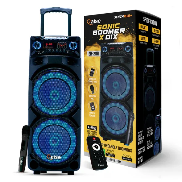 Photo 1 of Qaise SB-2101 Portable Bluetooth Party Speaker, Dual 10” woofers with Lights, Wireless microphone and 7+ hrs play time.
