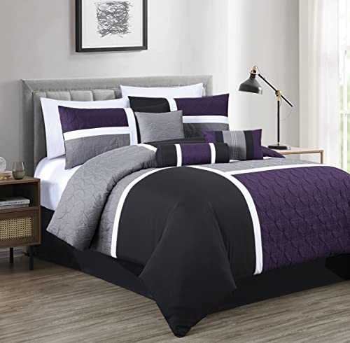 Photo 1 of Chezmoi Collection Upland 7-Piece Quilted Patchwork Comforter Set, Purple/Black/Gray, King
