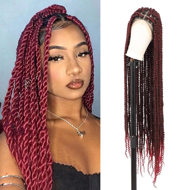Photo 1 of Twist Braided Wig Square Knotless Braided Wig for Women Braided Lace Wigs with Baby Hair Full Double Braided Lace Front Wigs Long Synthetic Braid Wigs 45"(Burgundy)
