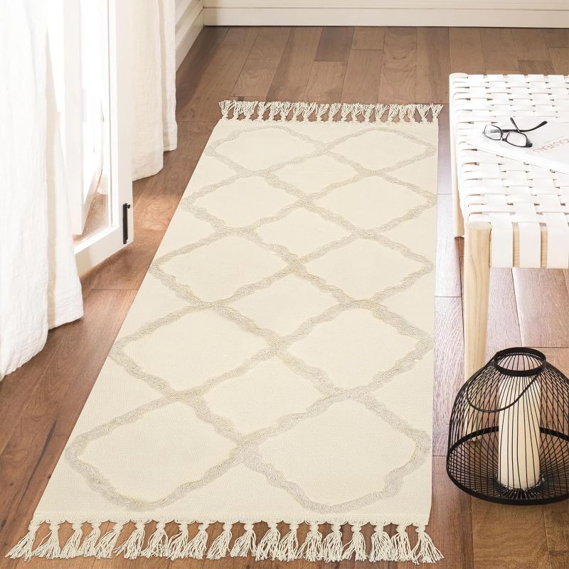 Photo 1 of Boho Runner Rug 2'x5' Tufted Cotton Area Rug Accent Beside Rugs Washable Cream Bohemian Long Throw Carpet for Hallway Bedroom Kitchen Laundry Living Room Bathroom Cream