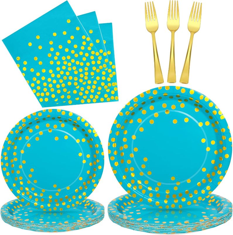 Photo 1 of 100PCS Blue and Gold Tableware Set for Party Decorations Gold Dots on Blue Paper Plates and Napkins, Gold Plastic Knives for Birthday Party Wedding Baby Shower Boy Girls Party Supplies