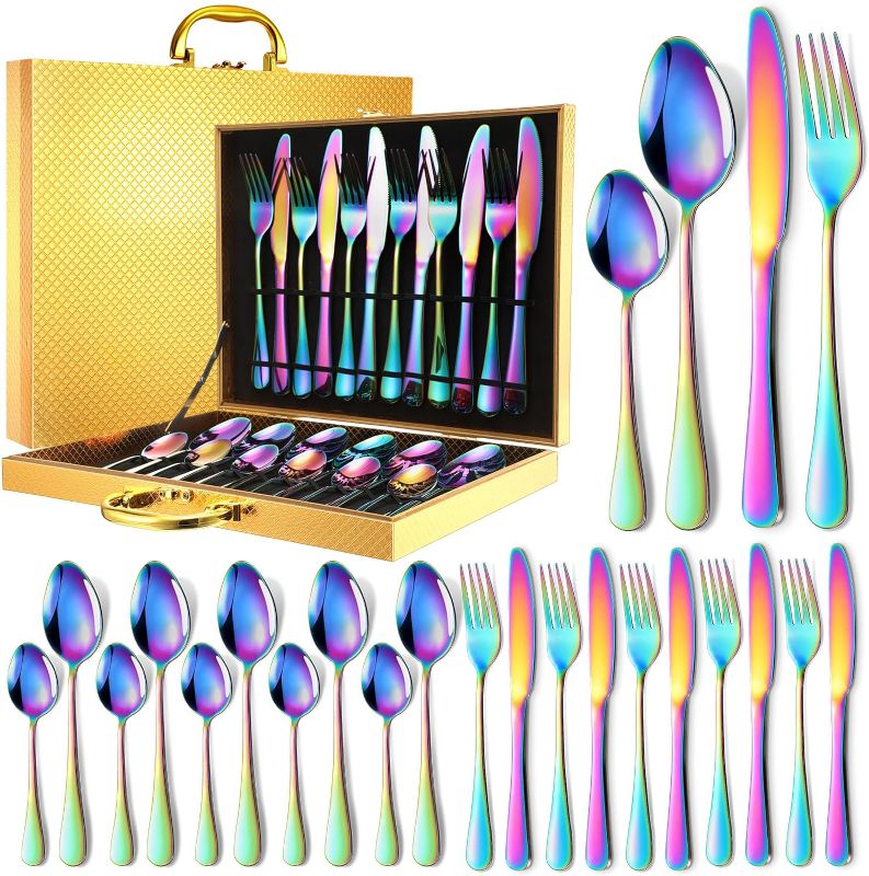 Photo 1 of 24 Pcs Silverware Set with Gift Box Service for 6, Stainless Steel Flatware Tableware Cutlery Set with Gold Wooden Carrying Case for Housewarming Gift, New Year Holiday Gift(Colorful)