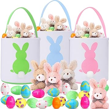 Photo 1 of 3 Pcs Easter Eggs Hunt Basket for Kids with 6 Pcs 4 Inch Mini Plush Stuffed Animal Bunny, 24 Plastic Easter Eggs, 100g Easter Grass Raffia Paper Shreds and 3 Extra Large Gift Bag (Classic)
