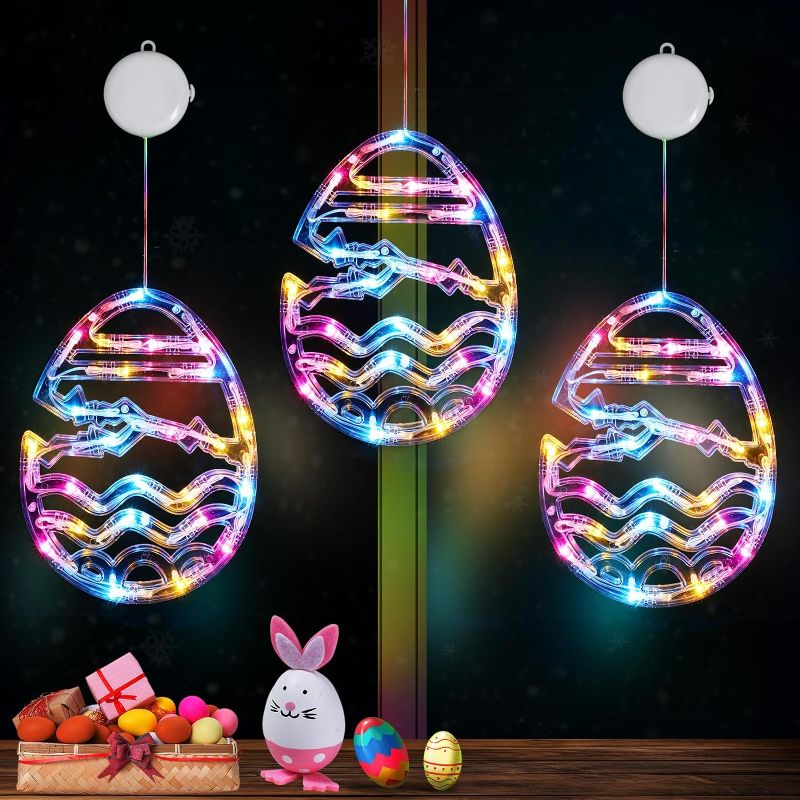 Photo 1 of Easter Window Lights 3PCS Easter Decorations Hanging LED Egg Lights Window Decorations Battery Operated with Suction Cup Timer for Indoor Outdoor Decor(Multicolored)
