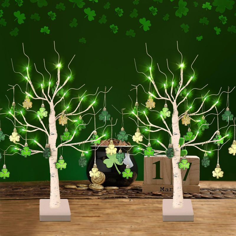 Photo 1 of 2 Pcs St. Patrick's Day LED Birch Tree Light Decorations with 48 Pieces St. Patrick's Day Shamrocks Ornaments Irish Lucky Day Home Party Decor St. Patrick's Day Centerpiece for Holiday Table
