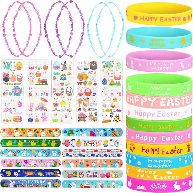 Photo 1 of 158 PCS Easter Party Favors Set for Kids Adults, Easter Slap Bracelets Rubber Wristbands Tattoos with 12 Easter Theme Patterns, Goodie Bag Fillers for Easter Basket
