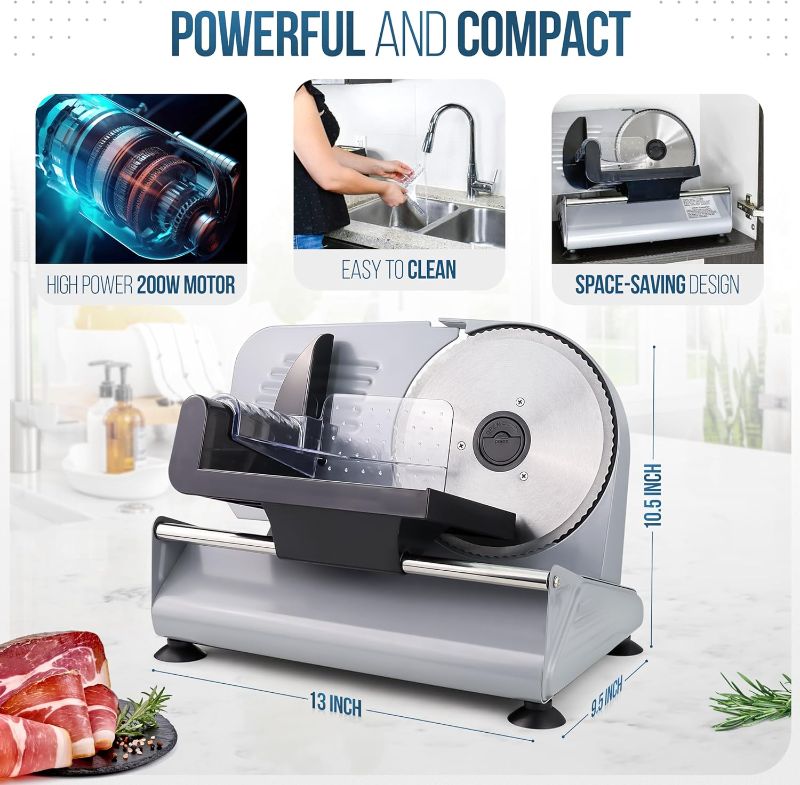 Photo 1 of \Meat Slicer, 200W Powerful Electric Food Slicer-Deli Meat Slicer Machine for Home Use for, Cheese, Bread, Vegetables-2 Round 7.5" Stainless Steel Blade, Child Lock Protection & Adjustable Thickness
