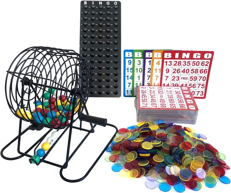 Photo 1 of Yuanhe Deluxe Bingo Game Set-Includes Metal Cage,500 Colorful Bingo Chips,100 Bingo Cards,75 Colored Balls,Plastic Masterboard,Great for Large Groups,Parties …
