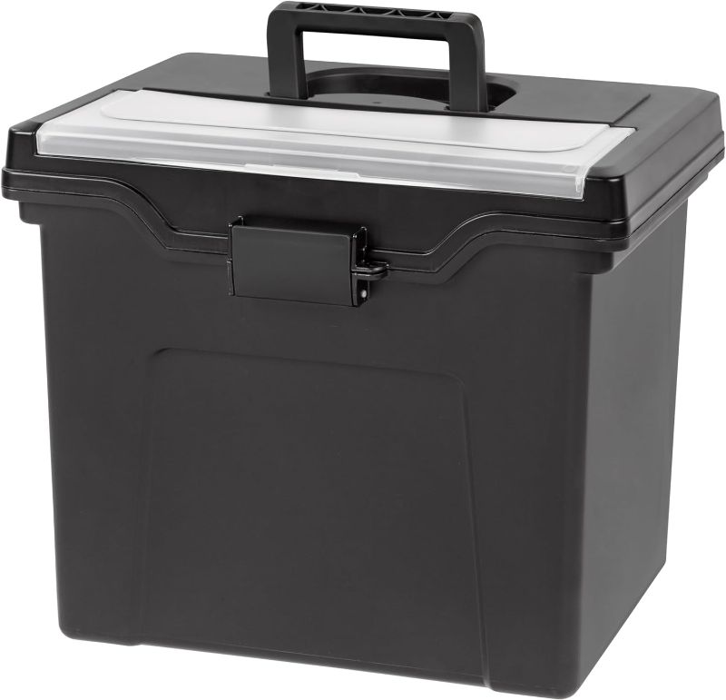 Photo 1 of IRIS USA Portable Letter/Legal File Tote Box, BPA-Free Plastic Storage Bin with Organizer-Lid, Durable, Secure Lid and Handle, Black
