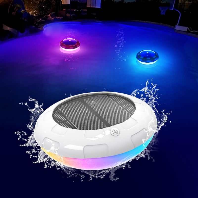Photo 1 of Goallim Solar Floating Pool Lights, RGB LED Color Changing Solar Pool Lights That Float, Auto Glow in The Dark IP68 Waterproof Hangable Floating Lights for Pool, Pond, Yard, Party Decorations - 1PCS 