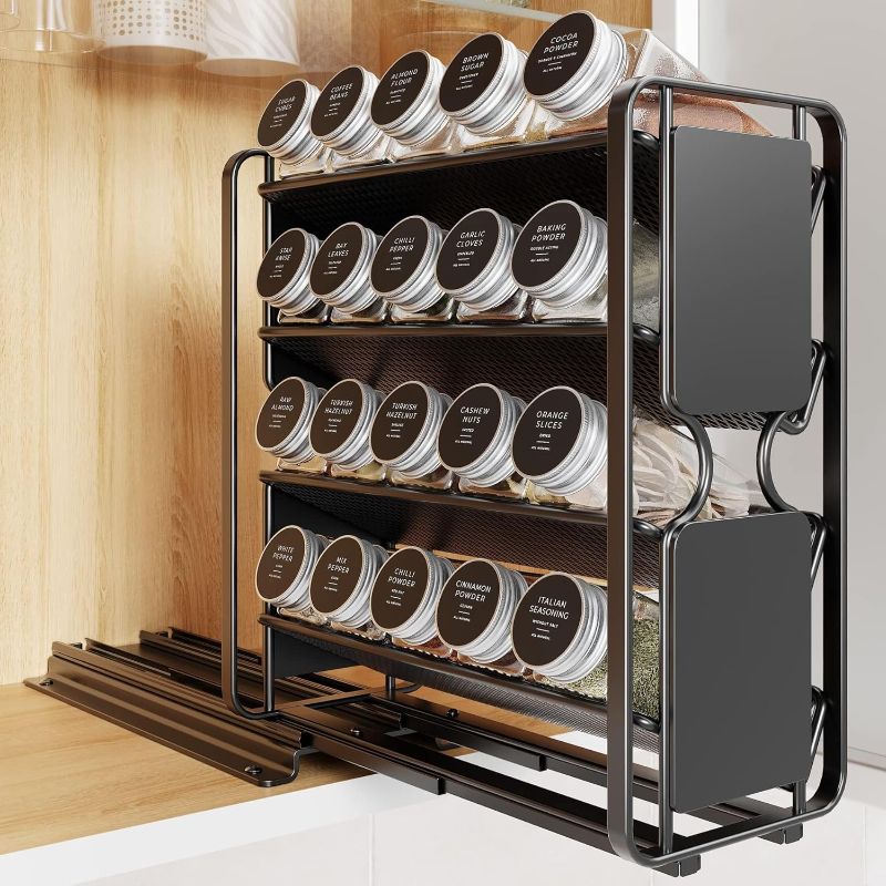 Photo 1 of Pull Out Spice Rack Organizer with 20 Jars, Spice Organizer for Cabinet with Labels and Chalk Maker, 4 Tier Sliding Cabinet Spice Organizer, 4.5" W × 10.6" D × 11.6" H
