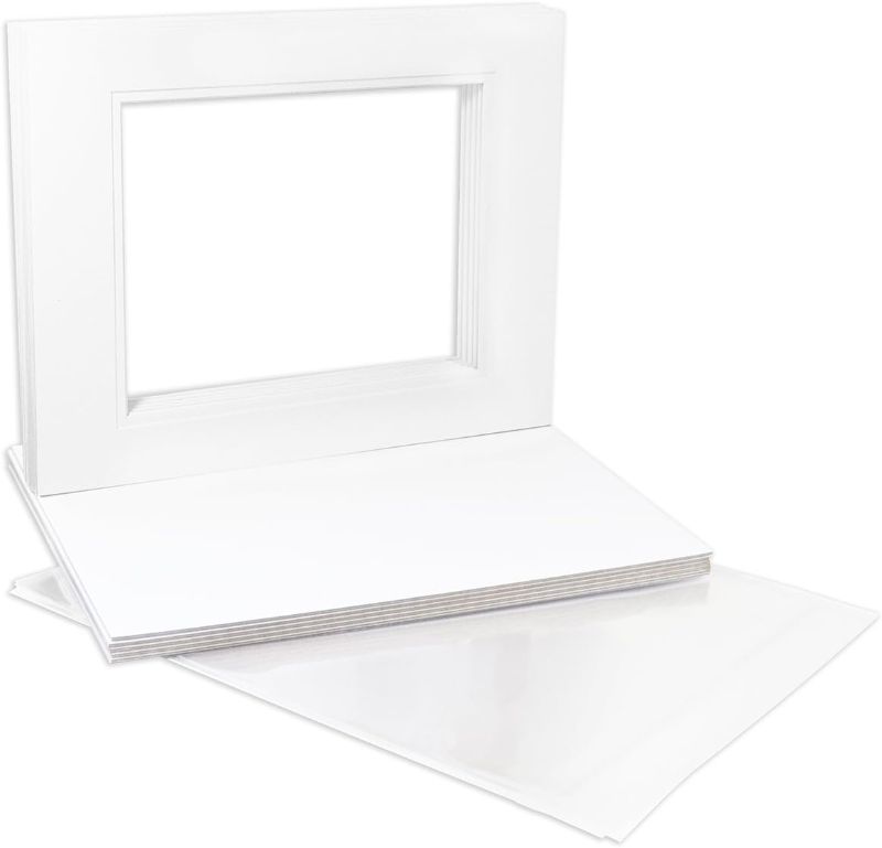 Photo 1 of Pack of 50 16x20 White/White Double Mats Mattes with White Core Bevel Cut for 11x14 Photo + Backing + Bags
