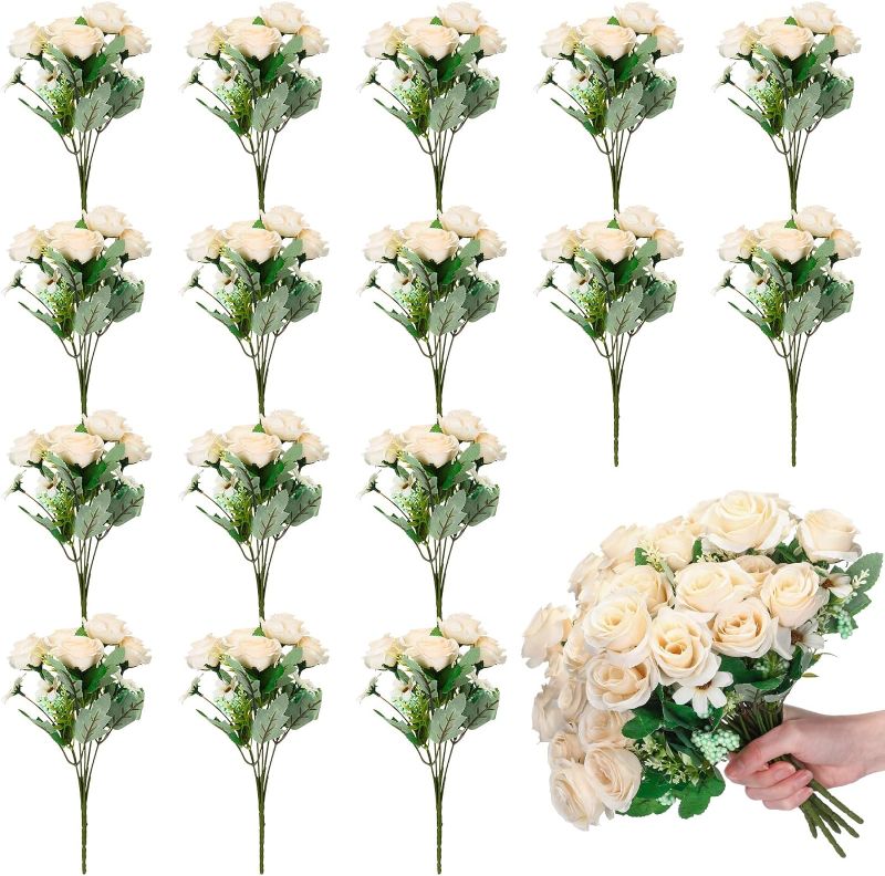 Photo 1 of 16 Pack Flower Bouquets Fake Roses Artificial Silk Flowers Bulk for Vase Vintage Wedding Home Decoration Boho Faux Rose Flowers Bridal Bridesmaid Rose Bouquets Realistic Flower Party Decor (White)
