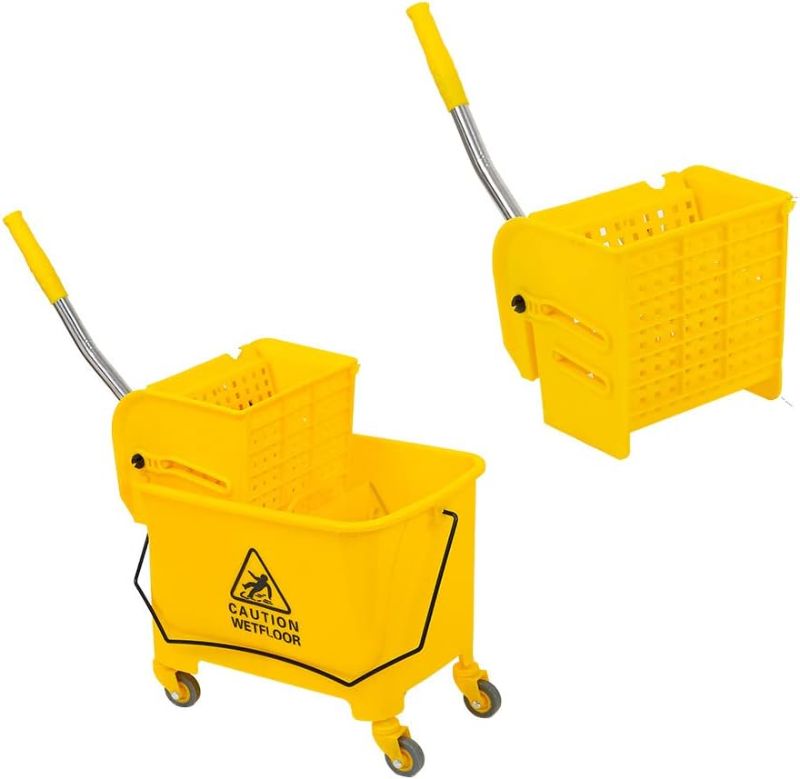 Photo 1 of Mop Bucket & Side Wringer Combo, Heavy Duty & Commercial Janitorial Cart Spring Wringer on Wheels for Home & Industrial Cleaning Commercial Mop Bucket for Business, Yellow 2 pack
