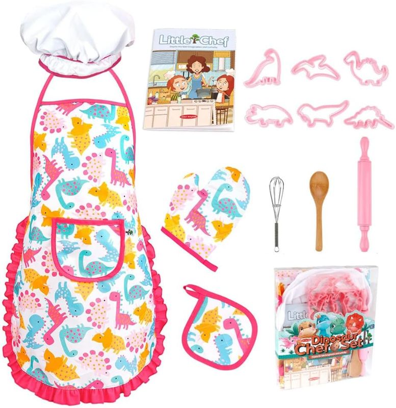 Photo 1 of 14Pcs Kids Apron Chef Hat Girls Cooking and Baking Set, Toddler Dress Up Kitchen Role Play Toys for 3 4 5 6 7 Years Old Gift(Dinosaur)