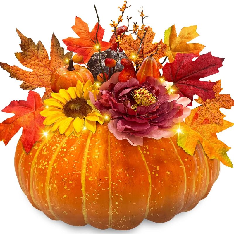 Photo 1 of [Timer]11 Inch Thanksgiving Decorations Large Prelit Pumpkin with 10 LED Sunflower Peony 5 Artificial Pumpkins 8 Maple Leaf 3 Berry Stems Battery Operated...
