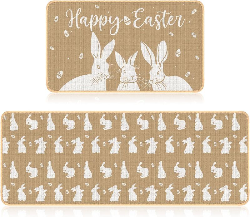 Photo 1 of Easter Kitchen Rugs and Mats Set of 2, Easter Kitchen Decor Happy Easter Bunny Kitchen Mat for Floor, Flaxen Color Farmhouse Spring Easter Decorations for Home
