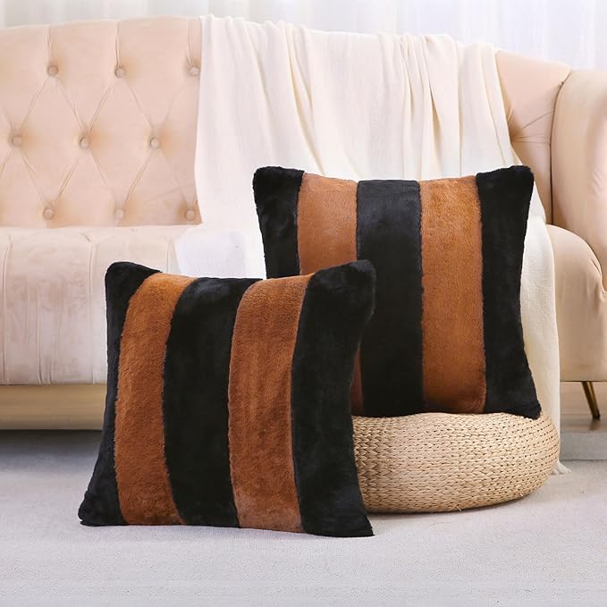 Photo 1 of Black and Brown Striped Throw Pillow Covers 18x18 Inch Set of 2,Fall Decorations for Home,Decorative Pillow Cases,Furry Faux Rabbit Fur/Soft Velvet,Modern Decor for Couch
