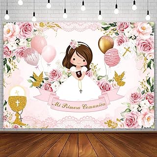 Photo 1 of 7x5ft Baptism Backdrop for Girl Mi Primera Comunion Christening Photography Background God Bless First Holy Communion Mi Bautizo Chalice Balloon Pink Floral Party Decorations Banner Photo Props