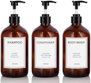 Photo 1 of Shampoo and Conditioner Dispenser (Set of 3, 21oz) Modern Refillable Shampoo Pump Bottles (Amber)