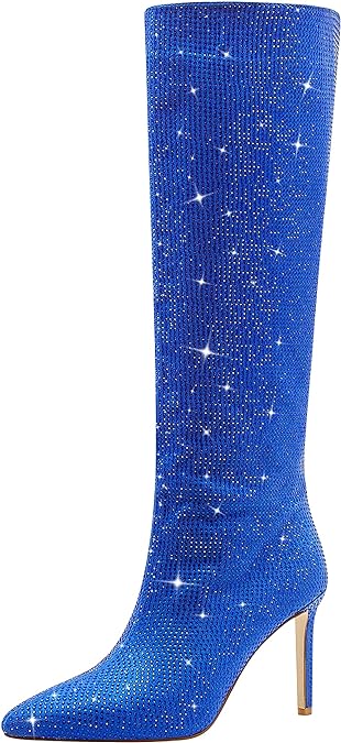 Photo 1 of Knee High Rhinestone Boots for Women Sparkly High Heel Glitter Boots Fashion Sparkle Stiletto Boots Point Toe Pull on SIZE 9
