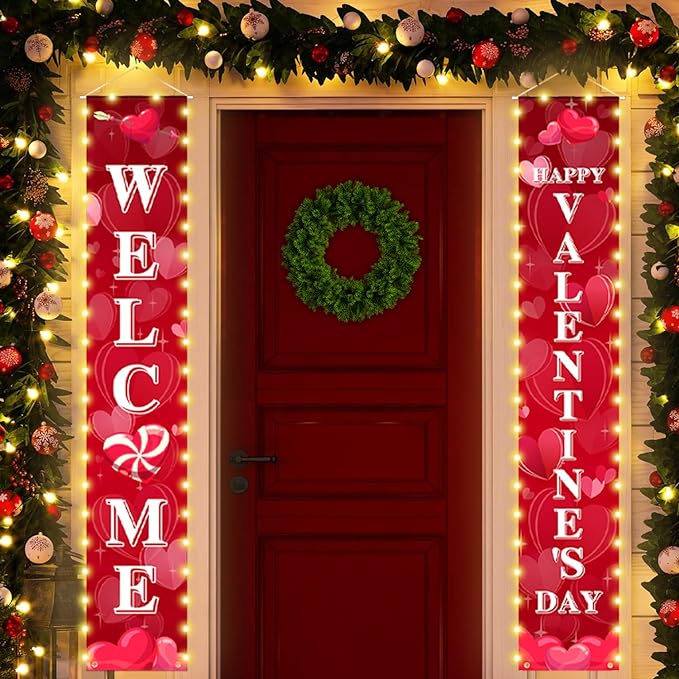 Photo 1 of 2PCS Lighted Valentine's Decorations Door Banners Valentine's Day Decor Love Heart Porch Signs for Home Indoor Outdoor Party Supplies(with Lights,70.8x12 Inch)
