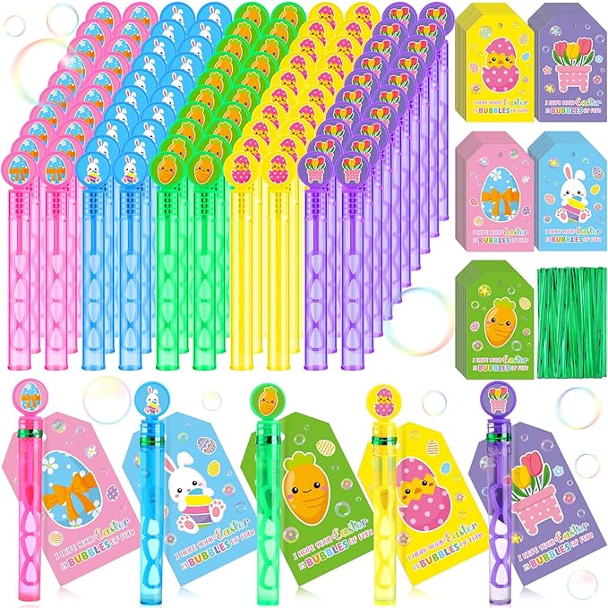Photo 1 of 100 Set Easter Mini Bubble Wands Bulk with Gift Tags Twist Ties Easter Bubble Blowing Toys Easter Party Favors Easter Goodies Bag Basket Stuffers Easter Classroom Favors for Kids Boys Girls
