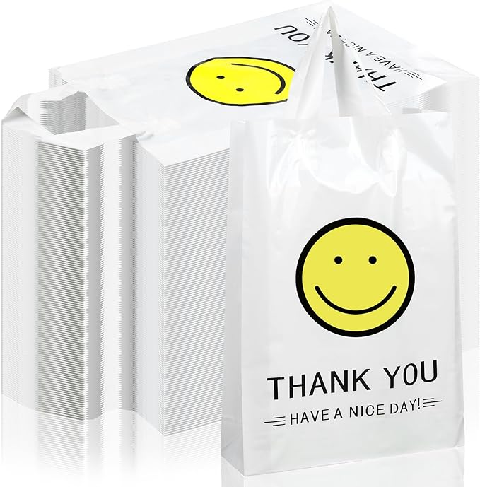 Photo 1 of 200 Pack Thank You Bags Bulk Happy Face Gift Bags with Handle Have a Nice Day Reusable Grocery Boutique Shopping Totes Bag for Retail Stores Party Supplies, 12.6" x 9.84" x 3.15"
