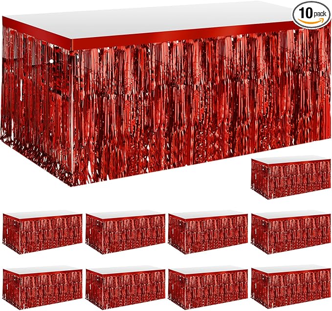 Photo 1 of 10 Pack Party Table Skirt Banner 29'' x 108'' Metallic Foil Fringe Tinsel Table Skirts Disposable Table Skirts Streamers Party Decorations Streamer Garland Curtains Backdrop for Wedding (Red)

