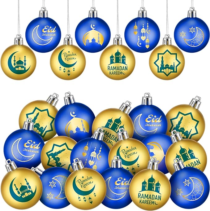 Photo 1 of 24 Pcs Ramadan Ornaments Eid Mubarak Ball Decoration 1.97 Inches Plastic Ramadan Hanging Ornaments Mini Islamic Muslim Ball Ramadan Decor for Tree Eid Al Fitr Party(Fresh Blue Gold)
