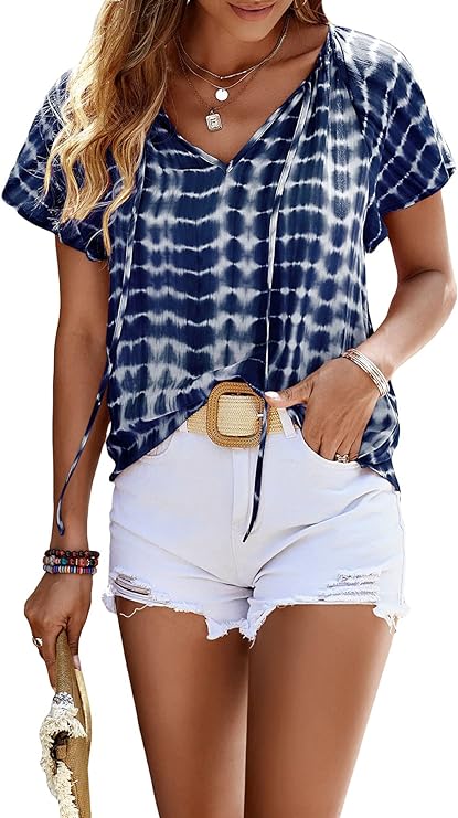 Photo 1 of GORGLITTER Women's Tie Dye Knot Front Blouses Shirt Short Sleeve Tunic Shirt SIZE S 
