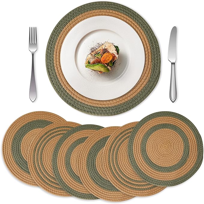 Photo 1 of 13.5" Round Woven Placemats Set of 6 Large - Cotton Rope Boho Place Mats Table Mats Set - Thick Heat Resistant Kitchen Trivet Hot Pads Pot Holder for Dining Table(Edition of Harvest by YINGJIE)
