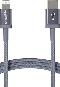 Photo 1 of Amazon Basics USB-C to Lightning Charger Cable, Nylon Braided Cord, MFi Certified Charger for Apple iPhone 14 13 12 11 X Xs Pro, Pro Max, Plus, iPad, 3 Foot, Dark Gray
